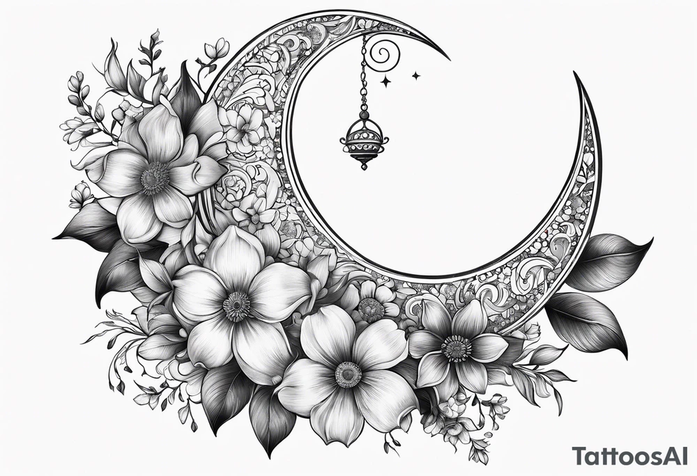 Crescent moon shrouded in pretty flowers tattoo idea