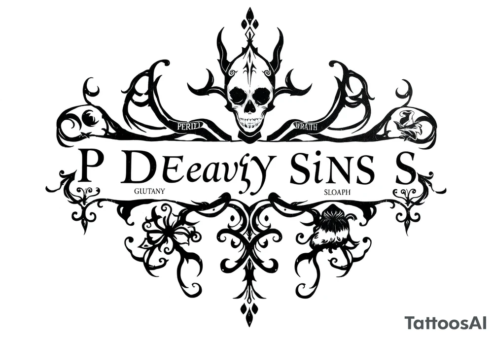 powerful sexy seven deadly sins stencil  with words greed, pride, gluttony, wrath, lust, sloth and envy, with a darkness kind of feeling  and storms tattoo idea