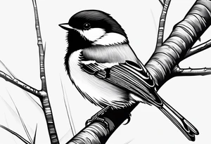 Illustrate a tattoo of a chickadee perched on a twig, focusing on clean lines and minimal detail for an understated design tattoo idea