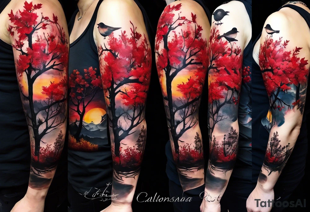 trash polka style. Arm tattoo. Long tattoo. Full sleeve. Shoulder. A single large maple tree with red autumn leaves that branches upwards from wrist to shoulder. White-throated dipper bird on the trees branches. Calluna flowers at the base of the trees stem. Tree stem has dark colors. Red/yellow sunset behind the trees stem. Leaves falling. tattoo idea