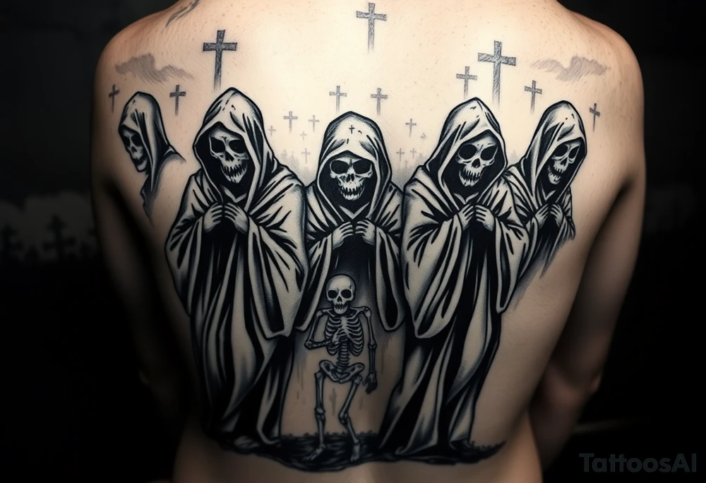 dark black and grey horror tattoo sleeve, procession of hooded skeletal ghouls standing side by side like corrupted ancient preachers, subtle elongated skull faces inspired by ghostface mask, tattered flowing robes, ominous religious atmosphere, false prophets leading souls to damnation, one skeletal victim being dragged away at the bottom, smoky hellfire filler near the lower section, subtle robe-like filler in upper section, high contrast realism, gothic graveyard background with sparse large distant crosses, cursed sermon aesthetic, detailed tattoo stencil style, smooth readable composition, realistic 
blackwork tattoo” tattoo idea