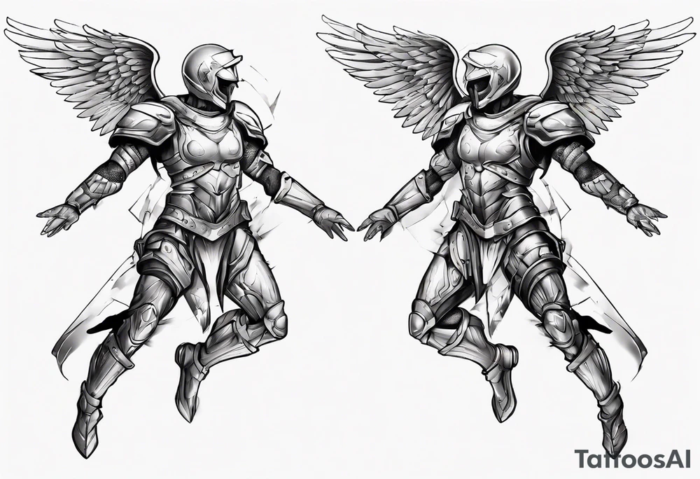 Side view of an angel wearing inorganic armor that is in mid-air in attack position. tattoo idea
