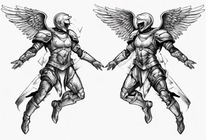 Side view of an angel wearing inorganic armor that is in mid-air in attack position. tattoo idea