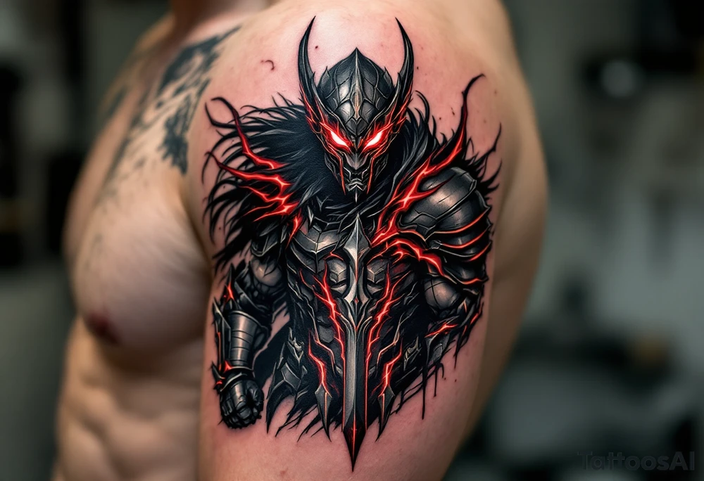 Battle Stafford – A mythic warrior-style Stafford with armor plating, glowing scarlet scars, and a fierce stance – in black, gunmetal gray, and blood red. tattoo idea