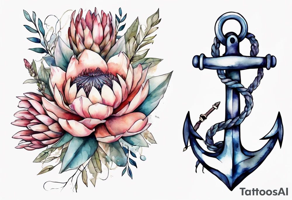 Very feminine tattoo of an anchor and protea flowers and the verse: God is within her, she will not fall. tattoo idea