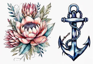 Very feminine tattoo of an anchor and protea flowers and the verse: God is within her, she will not fall. tattoo idea
