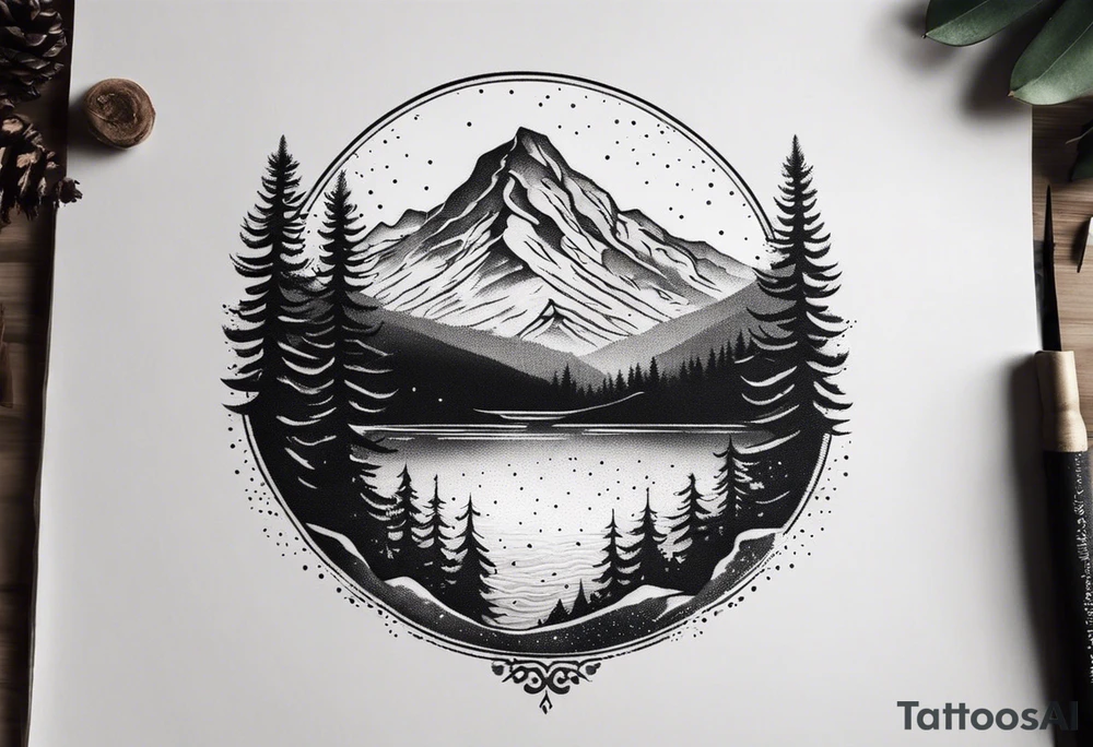 A snow capped mountain with pine trees and a river tattoo idea