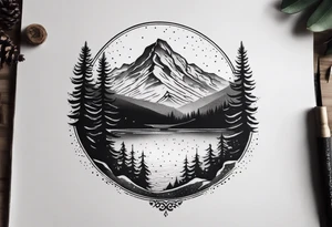 A snow capped mountain with pine trees and a river tattoo idea