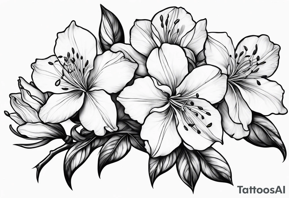 5-petal azaleas with buds along a long branch tattoo idea