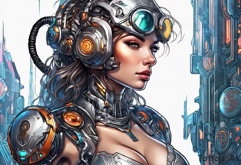 female cyborg with full body, retro futuristic, travel and movies tattoo idea