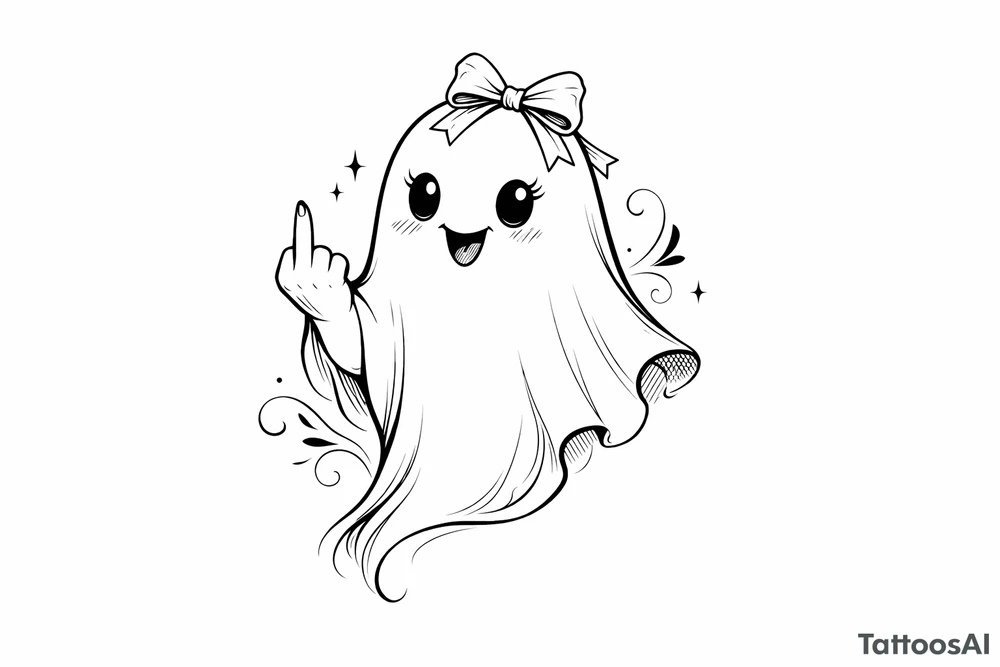 A playful ghost, adorned with a bow, giving the middle finger. tattoo idea