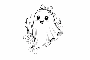 A playful ghost, adorned with a bow, giving the middle finger. tattoo idea