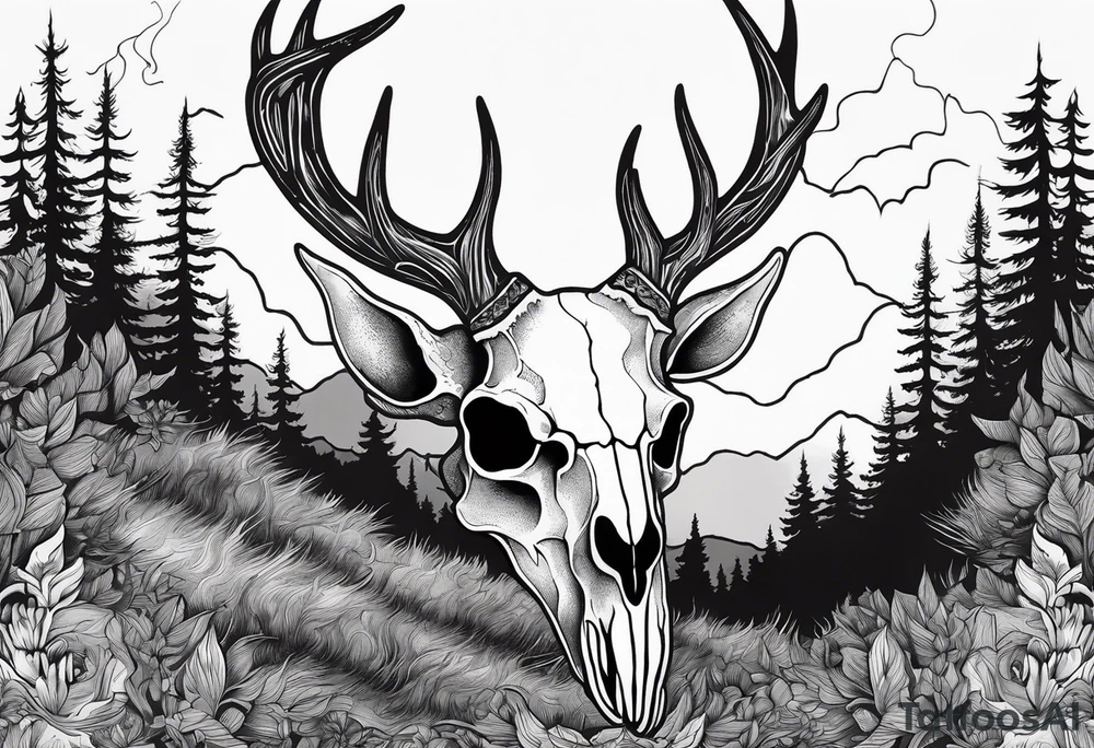 scary side view of a DECAYING deer skull JUST BONE surrounded by a forest fire in background tattoo idea