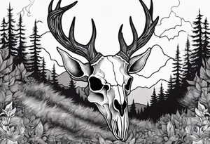 scary side view of a DECAYING deer skull JUST BONE surrounded by a forest fire in background tattoo idea