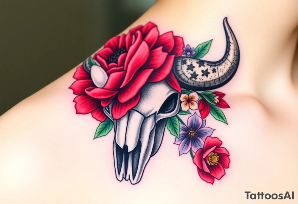 Buffalo or bison skull with flowers. Snow drop and red peony. Green holly with red berries, purple larkspur, red peony.  Colour. For upper arm or shoulder. tattoo idea