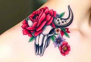 Buffalo or bison skull with flowers. Snow drop and red peony. Green holly with red berries, purple larkspur, red peony.  Colour. For upper arm or shoulder. tattoo idea