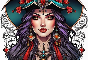 Bright bold Neo traditional tattoo witch with Crosses for eyes tattoo idea