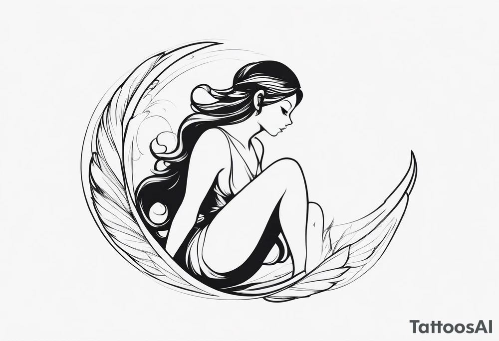 Minimalistic, monochromatic fairy with a tail flying to the left in a fetal position, leaning and looking in the same direction, with visible hands, embodying the 'Fairy Tail' logo aesthetic. tattoo idea