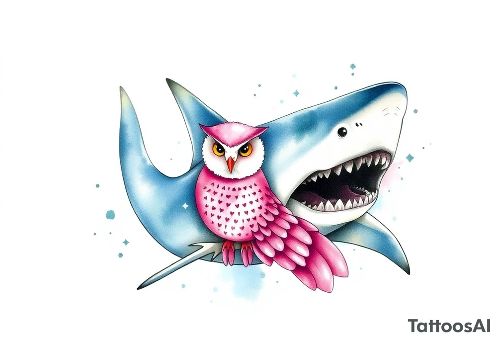 Hammerhead shark eating a pink owl tattoo idea