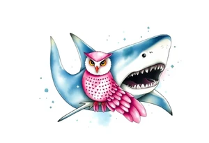 Hammerhead shark eating a pink owl tattoo idea