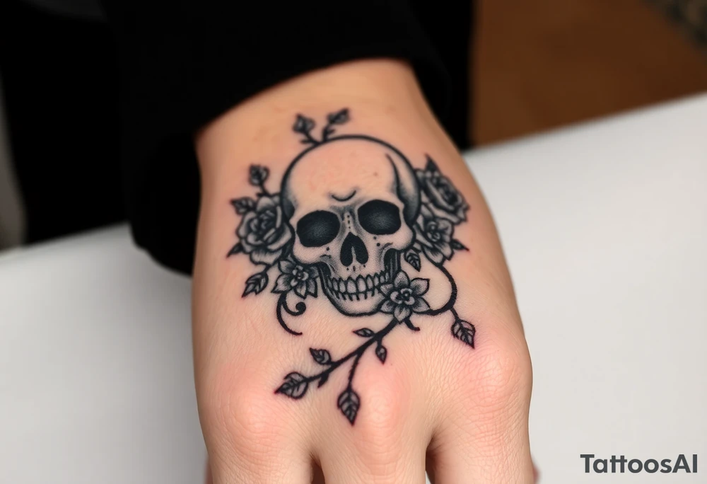 gothic skull intertwined with climbing roses and thorny vines tattoo idea