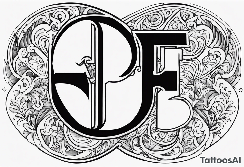 A backwards capital F next to a capital P with design elements around it. The left side should have elements of fire. The right side should have something that is fireproof or the opposite of fire. tattoo idea