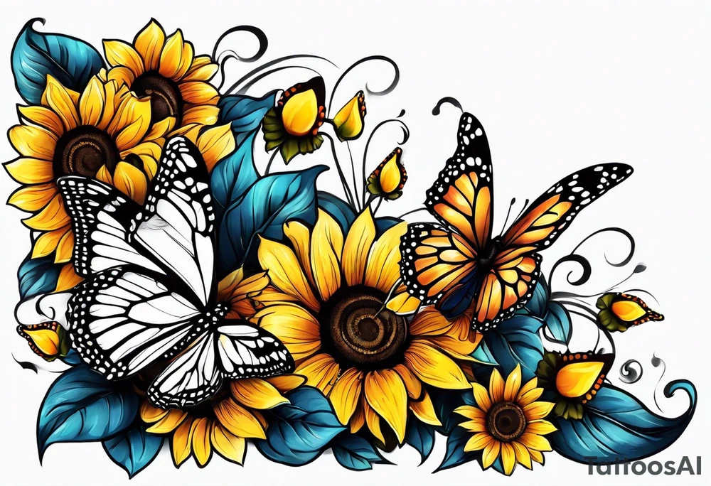 Arm sleeve with sunflowers and butterflies tattoo idea