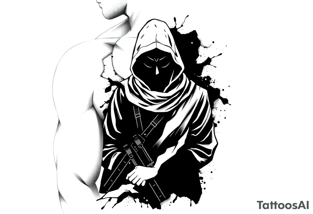 Minimalist covert operative symbolism representing loyalty and survival, faceless soldier silhouette emerging from darkness, torn fabric, subtle scars, controlled posture, black and grey realism, emotional restraint, understated strength, tattoo sleeve element. tattoo idea