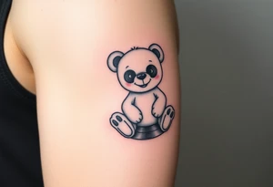 minimalist teddy bear with vinyl records as eyes smiling and sitting on a record tattoo idea