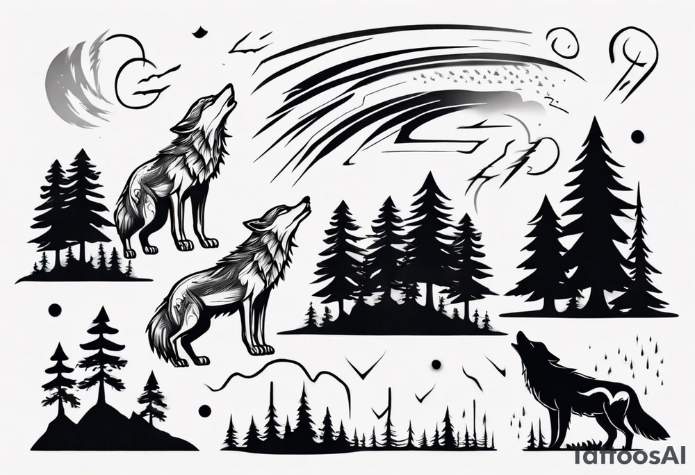 a thunderstorm over a forest and a wolf howling tattoo idea a thunderstorm over a forest and a wolf howling tattoo idea