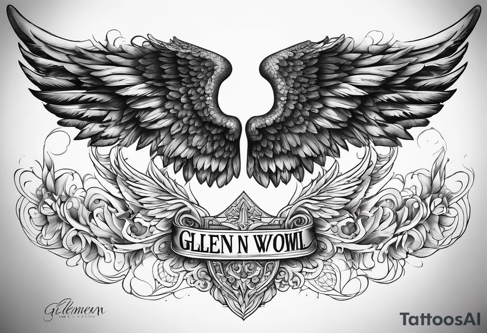 Angel Wings with the word Glenn in between tattoo idea
