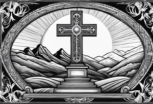 Tomb with cross and sun in the background tattoo idea