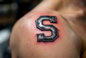 A sleek metallic silver "S" with rivets and industrial texture, like a forged steel emblem. tattoo idea