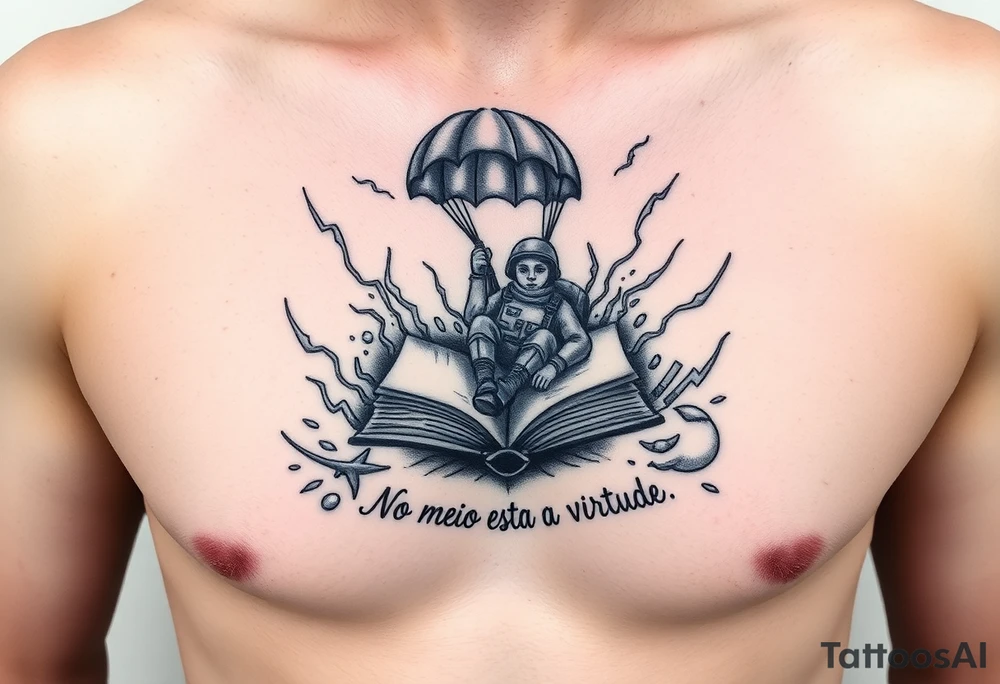 A parachuting soldier landing into an open book. Chaos surrounding, but the book is protecting the soldier from it. On the chest. Make it smaller. Make it thought provoking. "No meio esta a virtude" underneath the book. Make the chaos in the environment be a thunderstorm tattoo idea