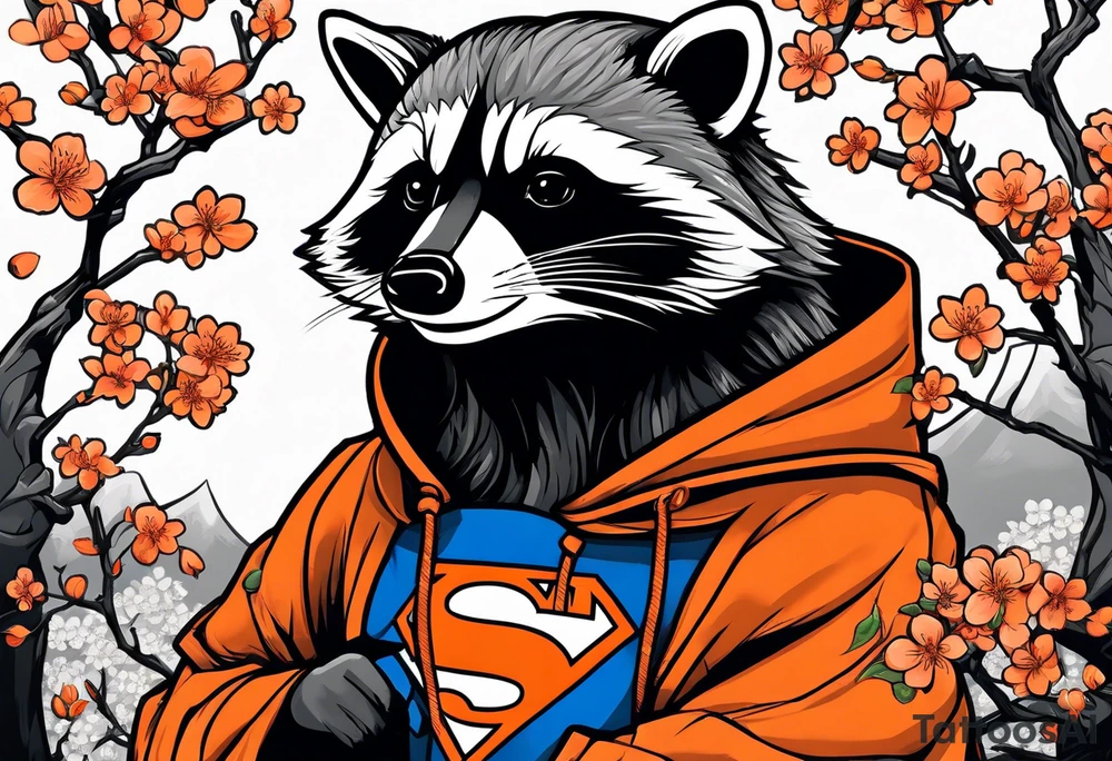 Raccoon wearing a white Superman logo on a black hoodie and orange Japanese cherry blossoms tattoo idea