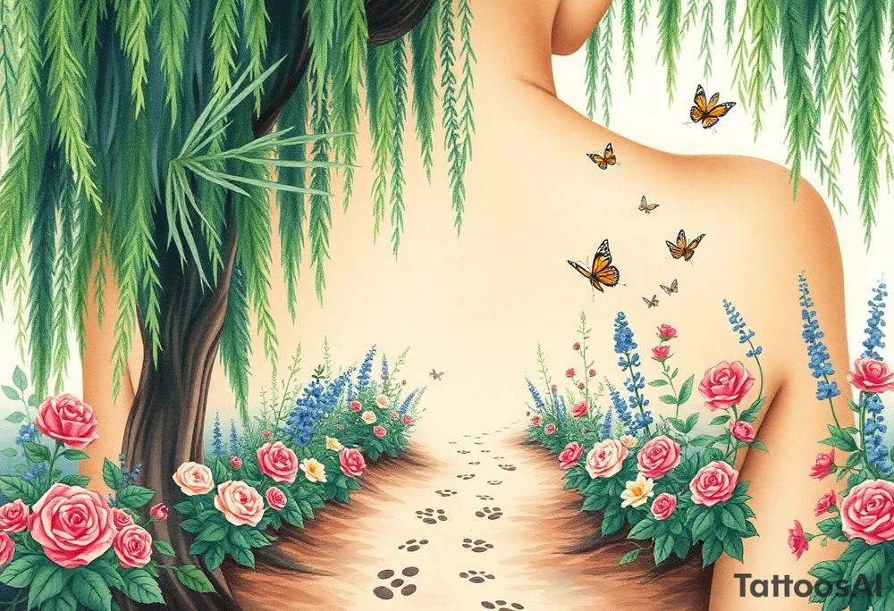 weeping willow garden with roses and liles flower beds. fantasy creatures, fairies, mermiads, dragons butterflies,  cat paw prints path in dirt. tattoo idea