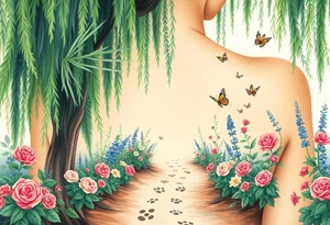 weeping willow garden with roses and liles flower beds. fantasy creatures, fairies, mermiads, dragons butterflies,  cat paw prints path in dirt. tattoo idea
