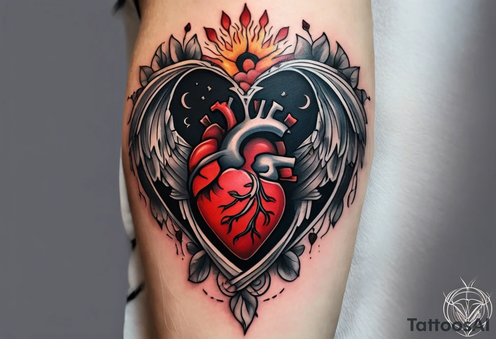A detailed tattoo design featuring a realistic anatomical heart with a prominent scar running diagonally behind it, symbolizing resilience and healing. Inside the heart, there is an infinity symbol, representing eternal love and strength. To the left of the heart, a radiant sun shines with stylized rays, symbolizing positivity and vitality. To the right of the heart, a crescent moon balances the composition, representing calmness and introspection.

The overall design should be elegant and symbolic, with clean, modern lines, black and gray shading, and subtle textures for depth. The sun and moon should harmonize with the heart while maintaining a balanced and cohesive aesthetic. tattoo idea