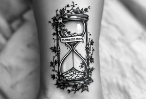 A grayscale hourglass with bones slowly slipping through, framed by dark ivy leaves and "memento mori" in faint white ink across the glass. tattoo idea