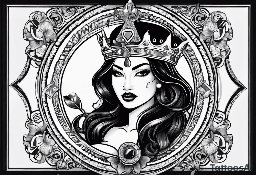 Latina Queen ahegao, drooling, happy, Spade Symbol with letter Q in the center of the spade framed, surrounded by whitespace tattoo idea