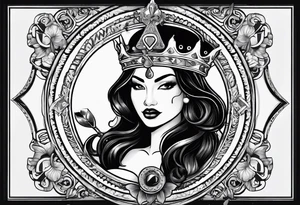 Latina Queen ahegao, drooling, happy, Spade Symbol with letter Q in the center of the spade framed, surrounded by whitespace tattoo idea