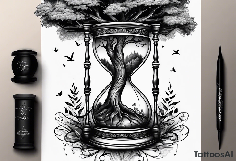 tattoo drawing of a tree on top of a hour glass tattoo idea