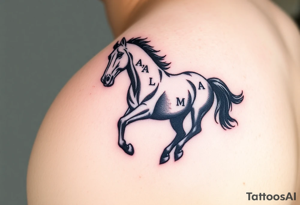 horse silhouette 
from the front which gallops from the front, with the 3 small letters discreetly integrated: L, A, M tattoo idea
