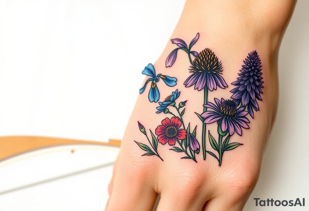 cutleaf coneflower, blue flag iris, bee balm, obedient plant, purple coneflower on a hill with a sunset tattoo idea