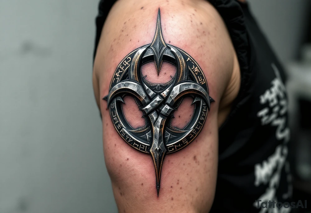 A heavy, Viking-style triskelion with a weathered iron or bronze texture, detailed with runes and Norse knotwork. Dark silver, deep copper, and black shading create a rugged, ancient look, symbolizing strength, resilience, and fate. tattoo idea