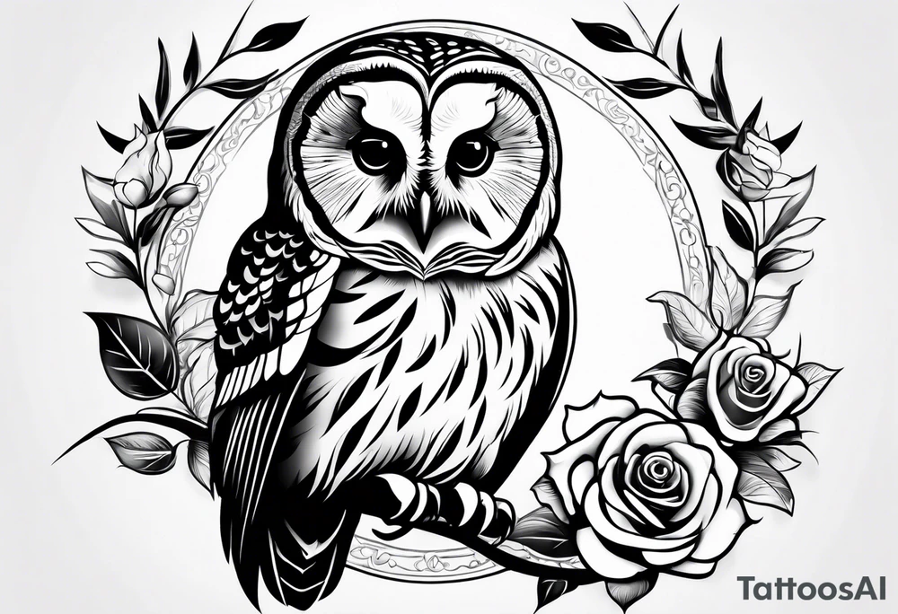 Barred owl with a single rose tattoo idea