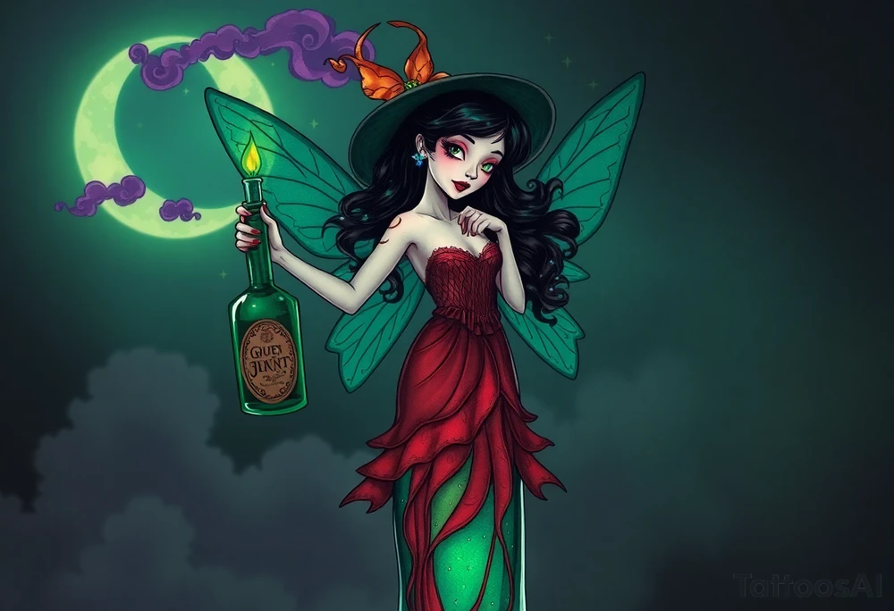Tim Burton’s kelly doty pin up style Vintage Parisian elegant and hauntingly beautiful yet eerie full body absinthe Green Fairy dances outside her victorian crystal decatur she was once inside this elaborate ornate bottle absinthe bottle Absinthe Art Nouveau   and dripping with muted reds, dusty pinks, and eerie green glow.purple and cyan smokey clouds swirl in the crescent moonlit sky thats sprinkled with stars tattoo idea