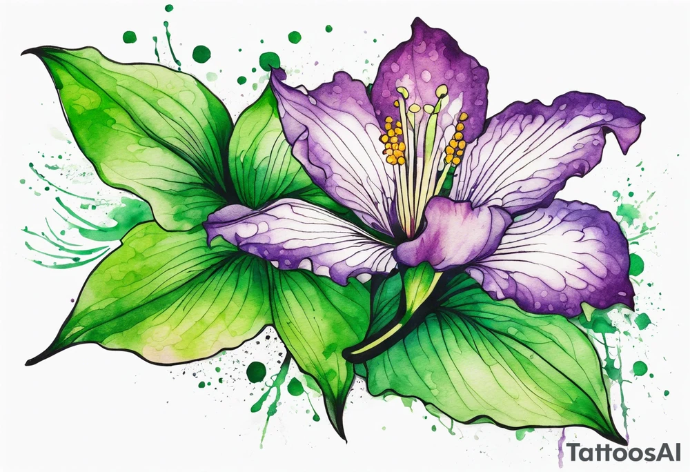 An outline of a green rio dipladenia flower and a green and purple watercolor splash in the background tattoo idea
