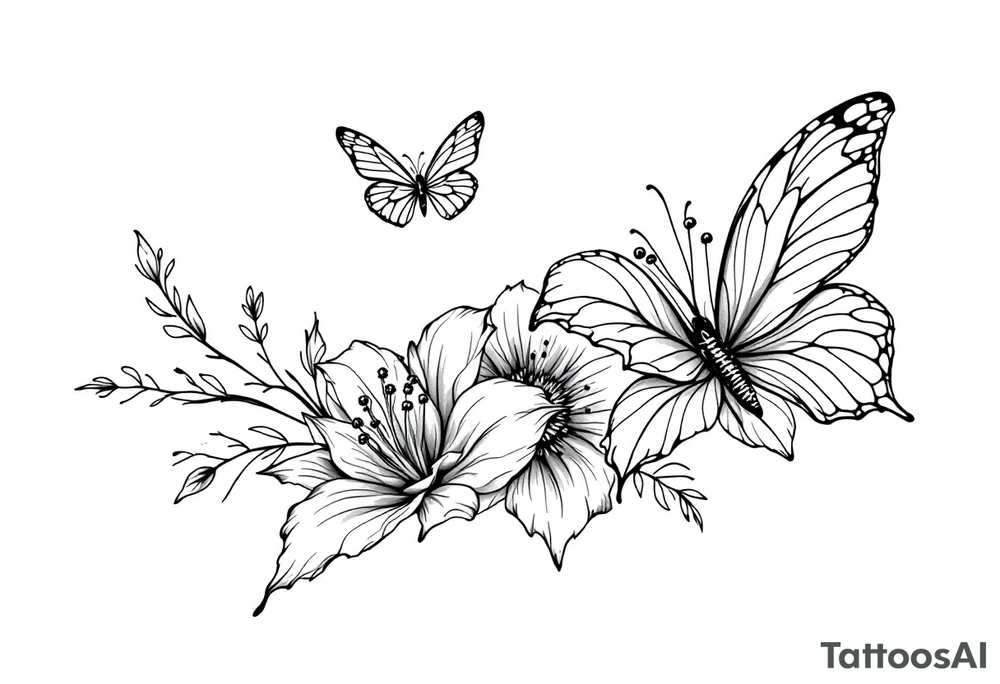 A delicate and highly detailed tattoo design featuring elegant flowers and two butterflies, symbolizing family, love, and the bond between a mother and her children. The flowers, such as lilies or peonies, represent protection, beauty, and unconditional love. Two butterflies gracefully flying around the flowers symbolize the children, Zackary and Charlie, representing their growth and freedom. Their names should be subtly integrated into the design, either along the stems of the flowers, within the butterfly wings, or in an elegant script flowing naturally with the composition. tattoo idea
