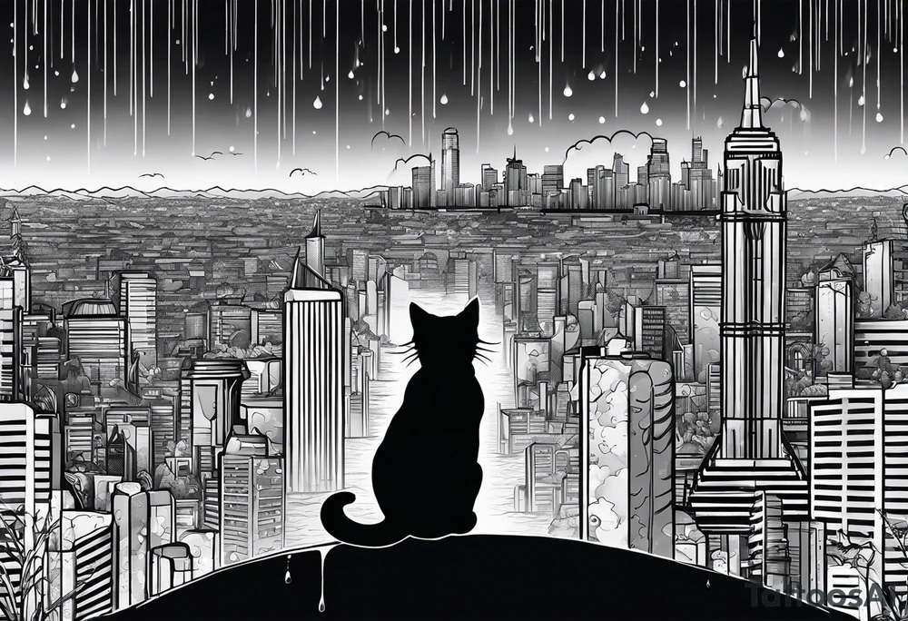 post apocalipse city, with cat, rain tattoo idea